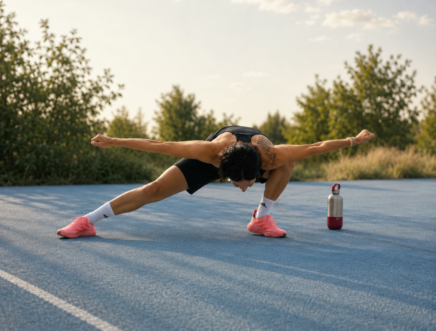 Katarina stretching on a light-blue running track