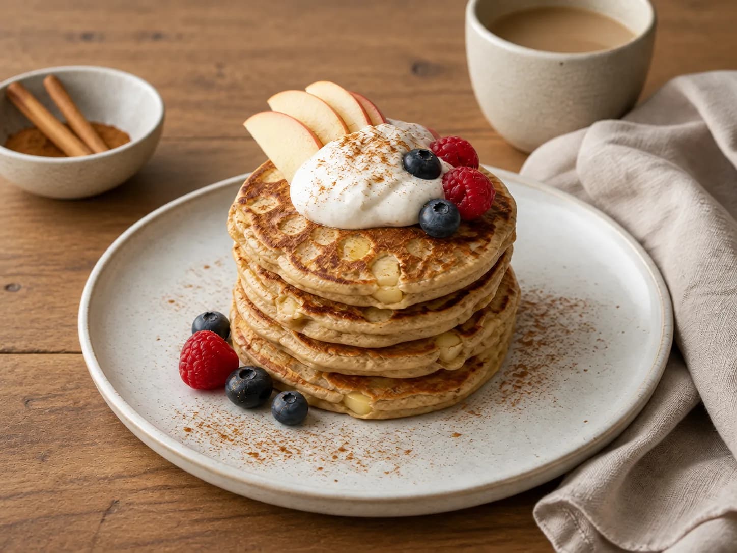 Apple cinnamon protein pancakes with yogurt and berries