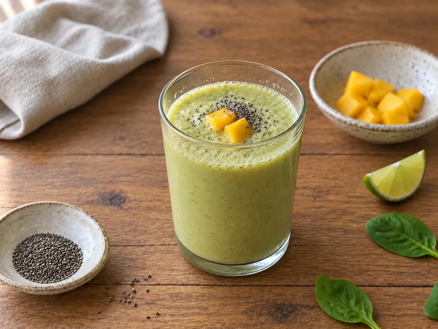 Creamy green mango smoothie with lime and chia seeds