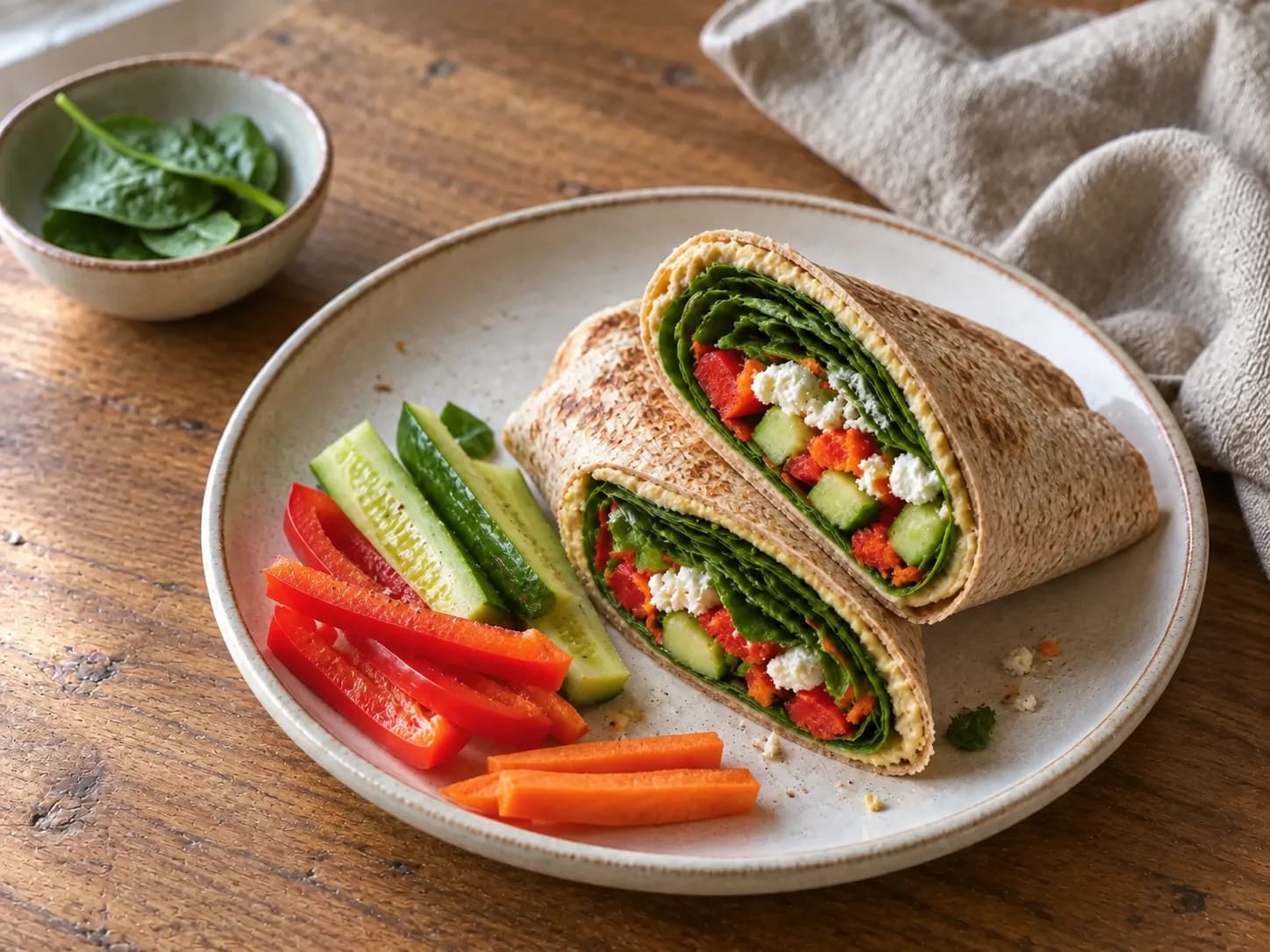 Crispy hummus wrap filled with vegetables and feta