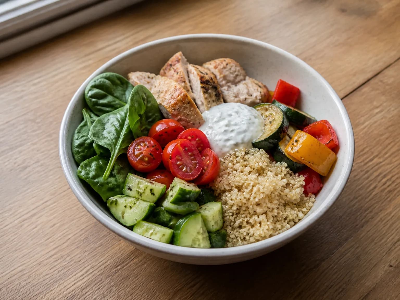 Mediterranean lemon chicken bowl with quinoa and roasted vegetables