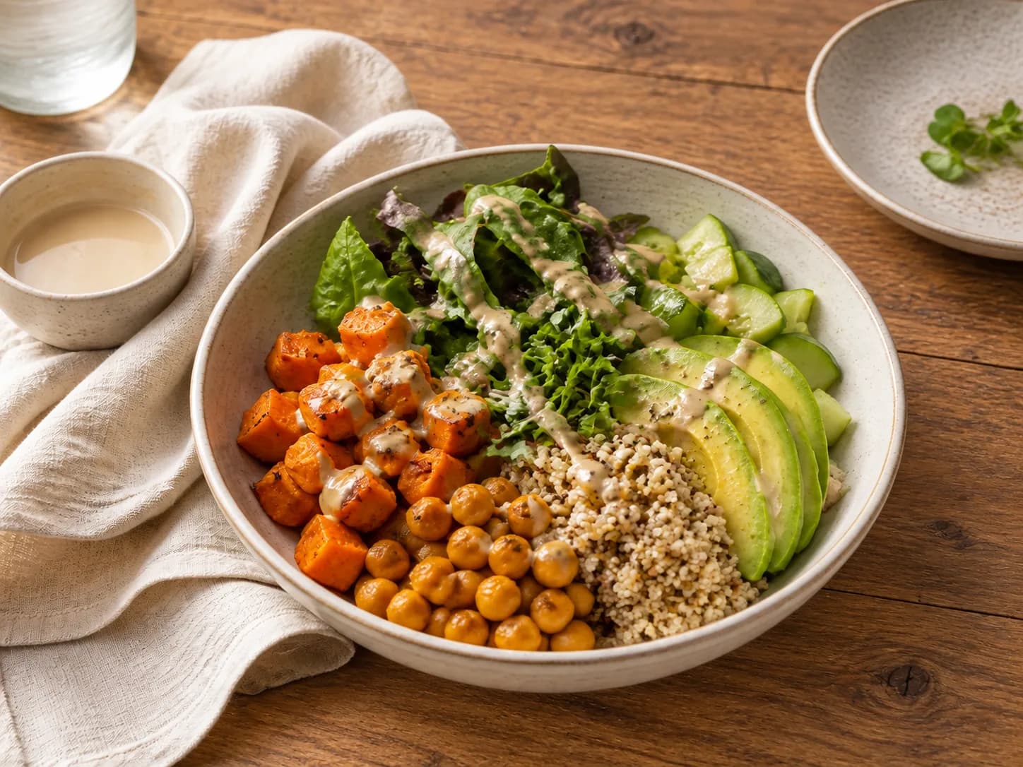 Sweet potato and chickpea bowl with quinoa, avocado and tahini