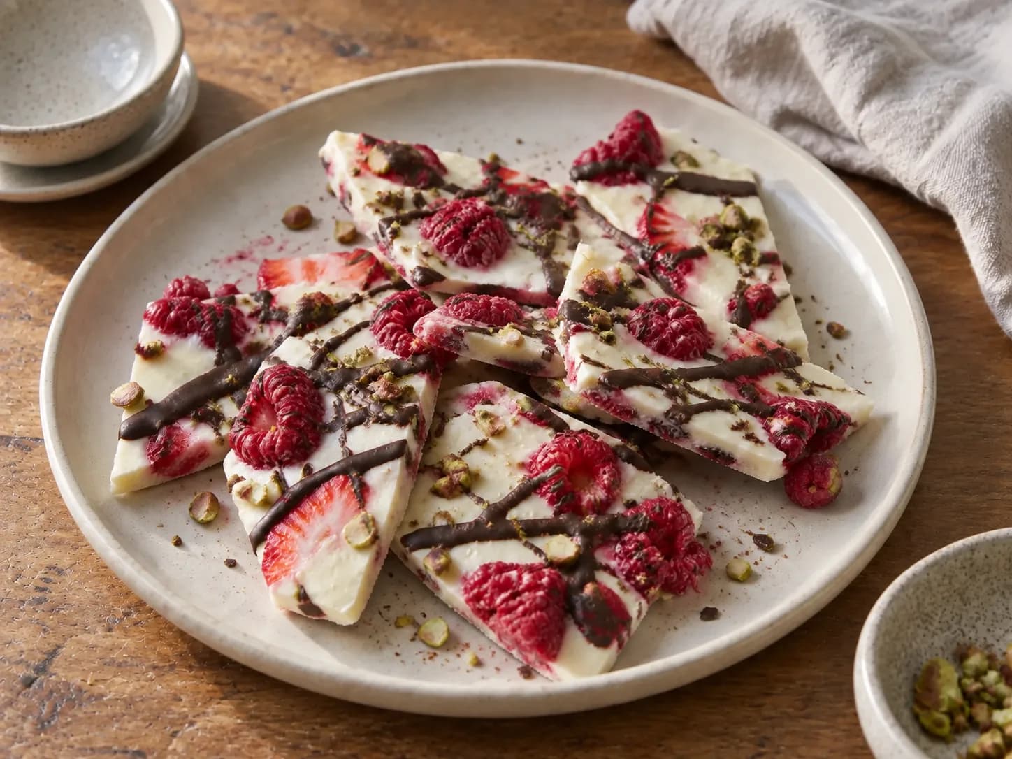 Frozen yogurt bark with berries, dark chocolate and pistachios