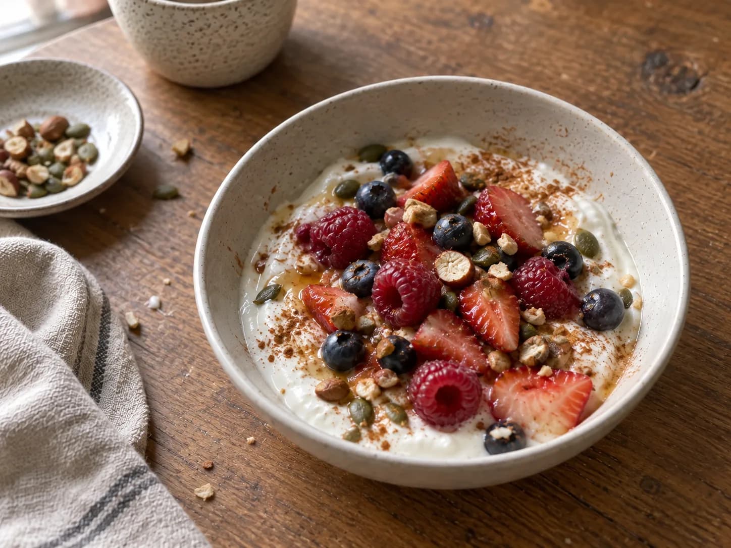 Greek yogurt with fresh berries, nuts and pumpkin seeds